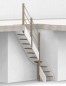 Preview: Raumspartreppe mit 1/4 Wendelung ab Stufe 3 und Pfostengeländer - 2 Alu Gurte mit Alu Handlauf und Mittelpfosten - Edelstahl wählbar - Treppenbreite 60 cm - Eiche 40 mm - Angebot Nr. 3178202