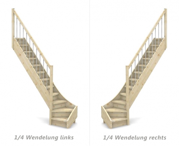 Raumspartreppe mit Setzstufen und 1/4 Wendelung unten - Geländer mit Alu Sprossen und Holzhandlauf - Treppenbreite 61 cm - Fichte 40 mm - Angebot Nr. 2108304