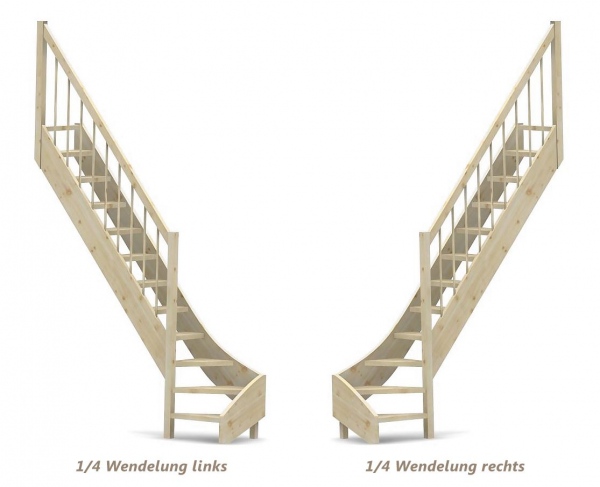 Raumspartreppe mit 1/4 Wendelung unten und Geländer - Rundstab Sprossen mit Holzhandlauf - Treppenbreite 61 cm - Fichte 40 mm - Angebot Nr. 2108702