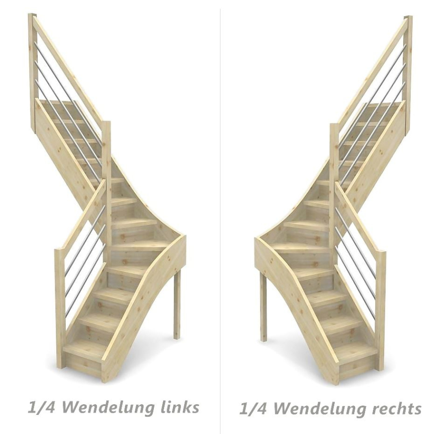 Raumspartreppe mit Setzstufen und 1/4 Wendelung ab Stufe 4 mit Pfostengeländer ab Antritt - 3 Alu Gurte mit Holzhandlauf - Edelstahl wählbar - Treppenbreite 61 cm - Fichte 40 mm - Angebot Nr. 51081104