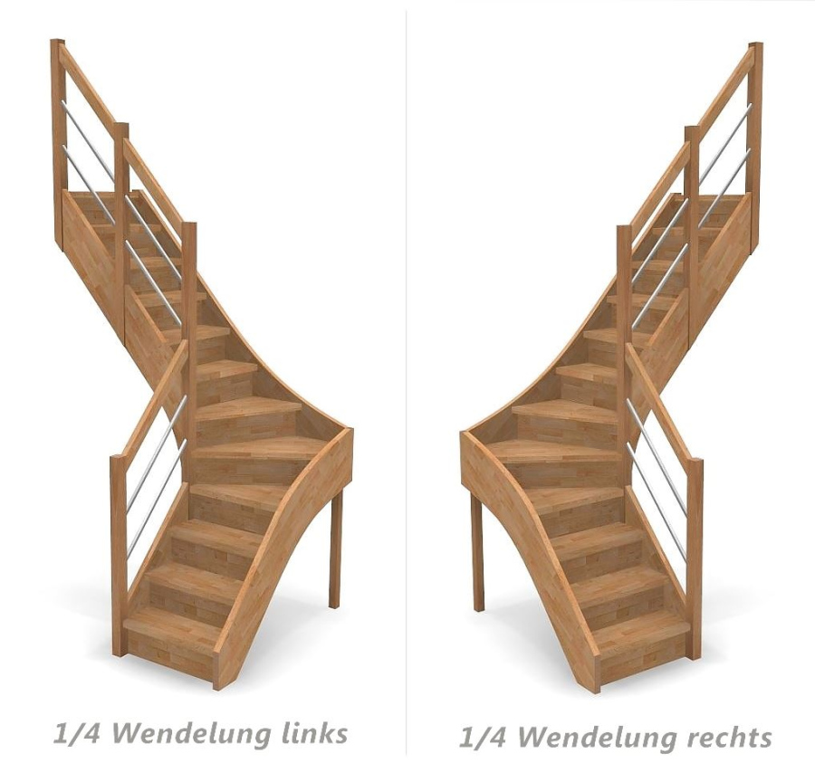 Nebentreppe mit Setzstufen und 1/4 Wendelung ab Stufe 4 mit Pfostengeländer ab Antritt - 2 Alu Gurte mit Holzhandlauf und Mittelpfosten - Edelstahl wählbar - Treppenbreite 75 cm - Buche 40 mm - Angebot Nr. 52381004