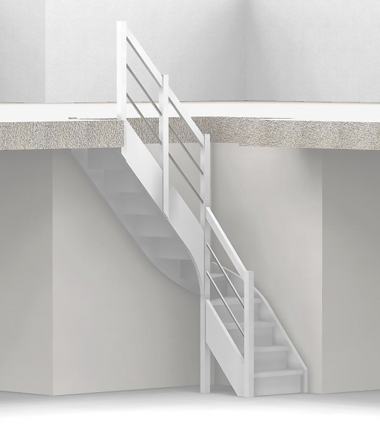 Nebentreppe mit Setzstufen und 1/4 Wendelung ab Stufe 4 mit Pfostengeländer ab Antritt - 2 Alu Gurte mit Holzhandlauf und Mittelpfosten - Edelstahl wählbar - Treppenbreite 75 cm - Buche 40 mm - Angebot Nr. 52381004