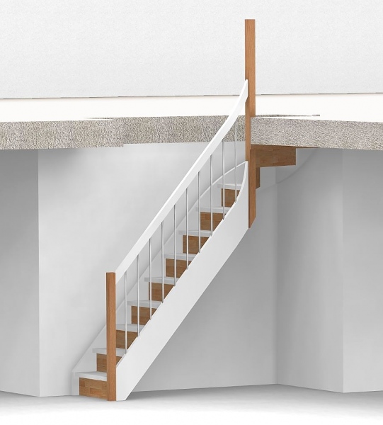 Nebentreppe mit Setzstufen und 1/4 Wendelung oben - Geländer mit Edelstahl Sprossen und Holzhandlauf - Treppenbreite 75 cm - Buche 40 mm - Angebot Nr. 6238404