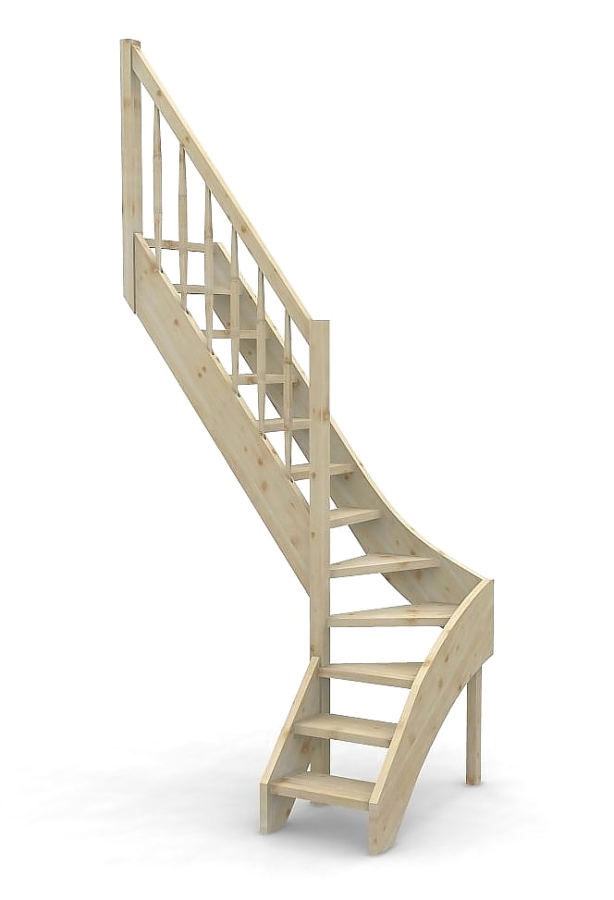 Raumspartreppe mit 1/4 Wendelung ab Stufe 3 - Geländer ab Eckpfosten mit Rechteckstab Sprossen und Holzhandlauf - Treppenbreite 60 cm - Fichte 40 mm - Angebot Nr. 3108602
