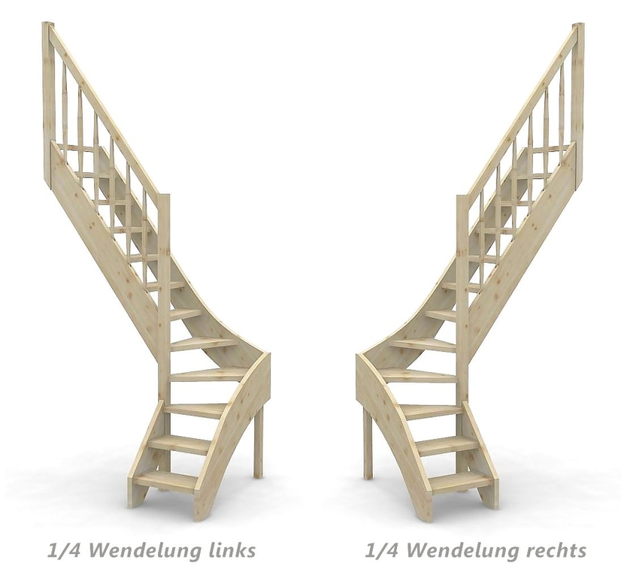 Raumspartreppe mit 1/4 Wendelung ab Stufe 3 - Geländer ab Eckpfosten mit Rechteckstab Sprossen und Holzhandlauf - Treppenbreite 60 cm - Fichte 40 mm - Angebot Nr. 3108602