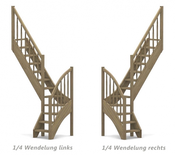 Raumspartreppe mit 1/4 Wendelung ab Stufe 3 - Rechteckstab Sprossen Geländer ab Eckpfosten und Zusatzgeländer außen ab Antritt bis Ecke - Treppenbreite 60 cm - Eiche 40 mm - Angebot Nr. 3178652