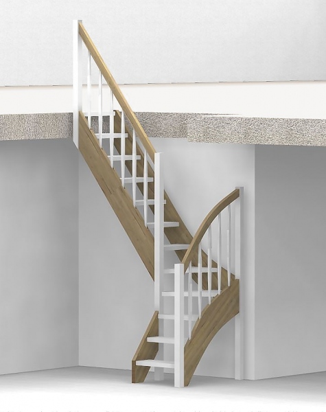 Raumspartreppe mit 1/4 Wendelung ab Stufe 3 - Rechteckstab Sprossen Geländer ab Eckpfosten und Zusatzgeländer außen ab Antritt bis Ecke - Treppenbreite 60 cm - Eiche 40 mm - Angebot Nr. 3178652