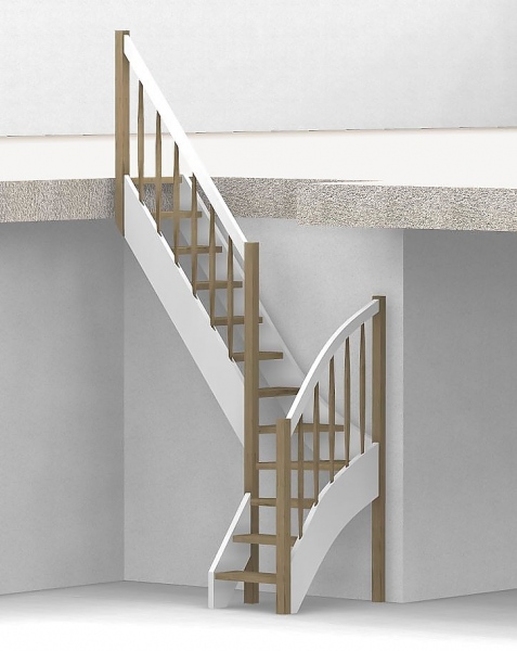 Raumspartreppe mit 1/4 Wendelung ab Stufe 3 - Rechteckstab Sprossen Geländer ab Eckpfosten und Zusatzgeländer außen ab Antritt bis Ecke - Treppenbreite 60 cm - Eiche 40 mm - Angebot Nr. 3178652