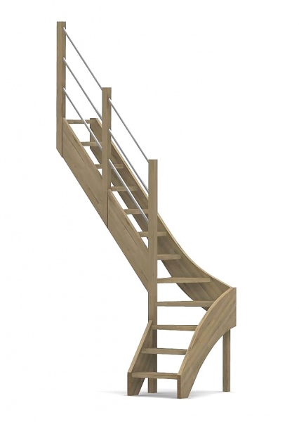 Raumspartreppe mit 1/4 Wendelung ab Stufe 3 und Pfostengeländer - 2 Alu Gurte mit Alu Handlauf und Mittelpfosten - Edelstahl wählbar - Treppenbreite 60 cm - Eiche 40 mm - Angebot Nr. 3178202