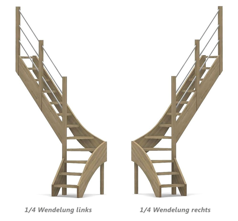 Raumspartreppe mit 1/4 Wendelung ab Stufe 3 und Pfostengeländer - 2 Alu Gurte mit Alu Handlauf und Mittelpfosten - Edelstahl wählbar - Treppenbreite 60 cm - Eiche 40 mm - Angebot Nr. 3178202