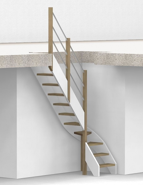 Raumspartreppe mit 1/4 Wendelung ab Stufe 3 und Pfostengeländer - 2 Alu Gurte mit Alu Handlauf und Mittelpfosten - Edelstahl wählbar - Treppenbreite 60 cm - Eiche 40 mm - Angebot Nr. 3178202