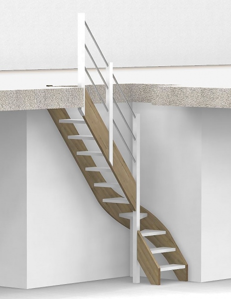 Raumspartreppe mit 1/4 Wendelung ab Stufe 3 und Pfostengeländer - 2 Alu Gurte mit Alu Handlauf und Mittelpfosten - Edelstahl wählbar - Treppenbreite 60 cm - Eiche 40 mm - Angebot Nr. 3178202