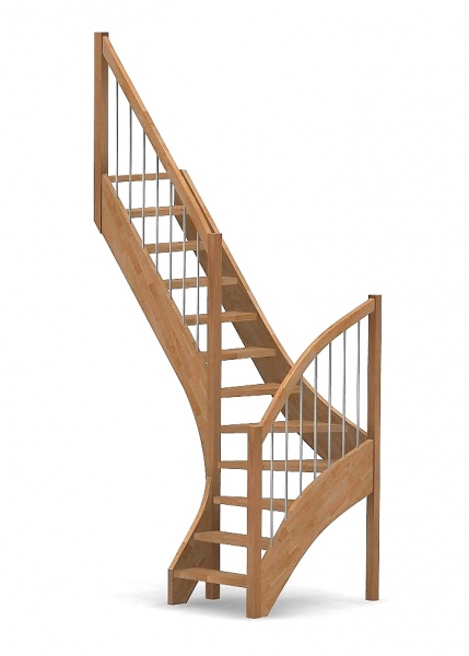 Nebentreppe mit 1/4 Wendelung ab Stufe 3 - Alu Sprossen Geländer ab Eckpfosten und Zusatzgeländer außen ab Antritt bis Ecke - Treppenbreite 75 cm - Buche 40 mm - Angebot Nr. 3238352