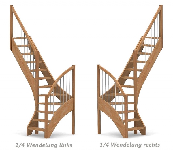Nebentreppe mit 1/4 Wendelung ab Stufe 3 - Alu Sprossen Geländer ab Eckpfosten und Zusatzgeländer außen ab Antritt bis Ecke - Treppenbreite 75 cm - Buche 40 mm - Angebot Nr. 3238352