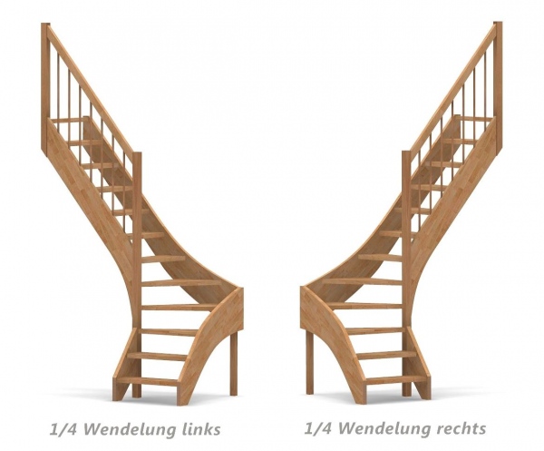 Nebentreppe mit 1/4 Wendelung ab Stufe 3 - Geländer ab Eckpfosten mit Rundstab Sprossen und Holzhandlauf - Treppenbreite 75 cm - Buche 40 mm - Angebot Nr. 3238702