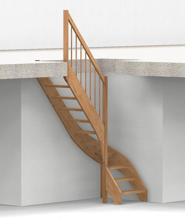 Nebentreppe mit 1/4 Wendelung ab Stufe 3 - Geländer ab Eckpfosten mit Rundstab Sprossen und Holzhandlauf - Treppenbreite 75 cm - Buche 40 mm - Angebot Nr. 3238702
