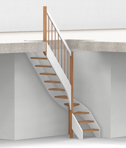 Nebentreppe mit 1/4 Wendelung ab Stufe 3 - Geländer ab Eckpfosten mit Rundstab Sprossen und Holzhandlauf - Treppenbreite 75 cm - Buche 40 mm - Angebot Nr. 3238702