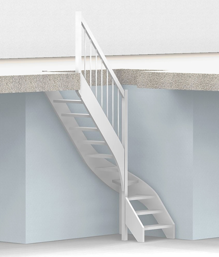 Nebentreppe mit 1/4 Wendelung ab Stufe 3 - Geländer ab Eckpfosten mit Rundstab Sprossen und Holzhandlauf - Treppenbreite 75 cm - Buche 40 mm - Angebot Nr. 3238702
