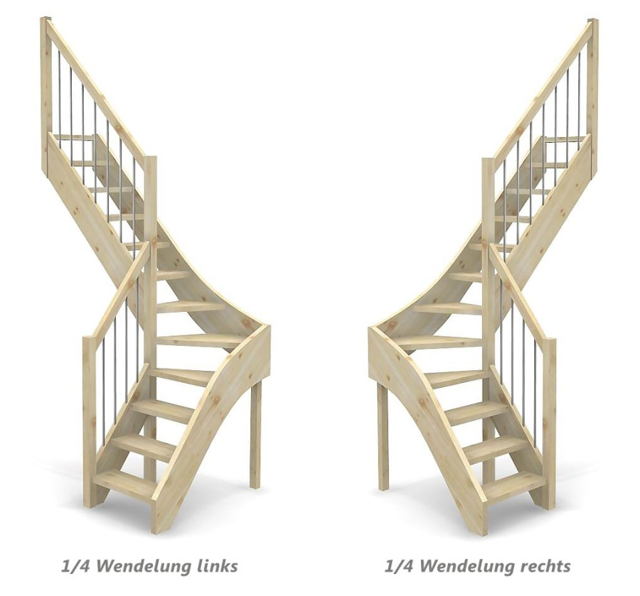 Raumspartreppe mit 1/4 Wendelung ab Stufe 4 - Geländer ab Antritt mit Edelstahl Sprossen und Holzhandlauf - Treppenbreite 61 cm - Fichte 40 mm - Angebot Nr. 5108402