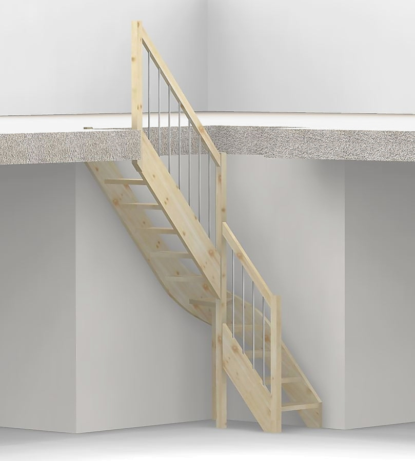 Raumspartreppe mit 1/4 Wendelung ab Stufe 4 - Geländer ab Antritt mit Edelstahl Sprossen und Holzhandlauf - Treppenbreite 61 cm - Fichte 40 mm - Angebot Nr. 5108402