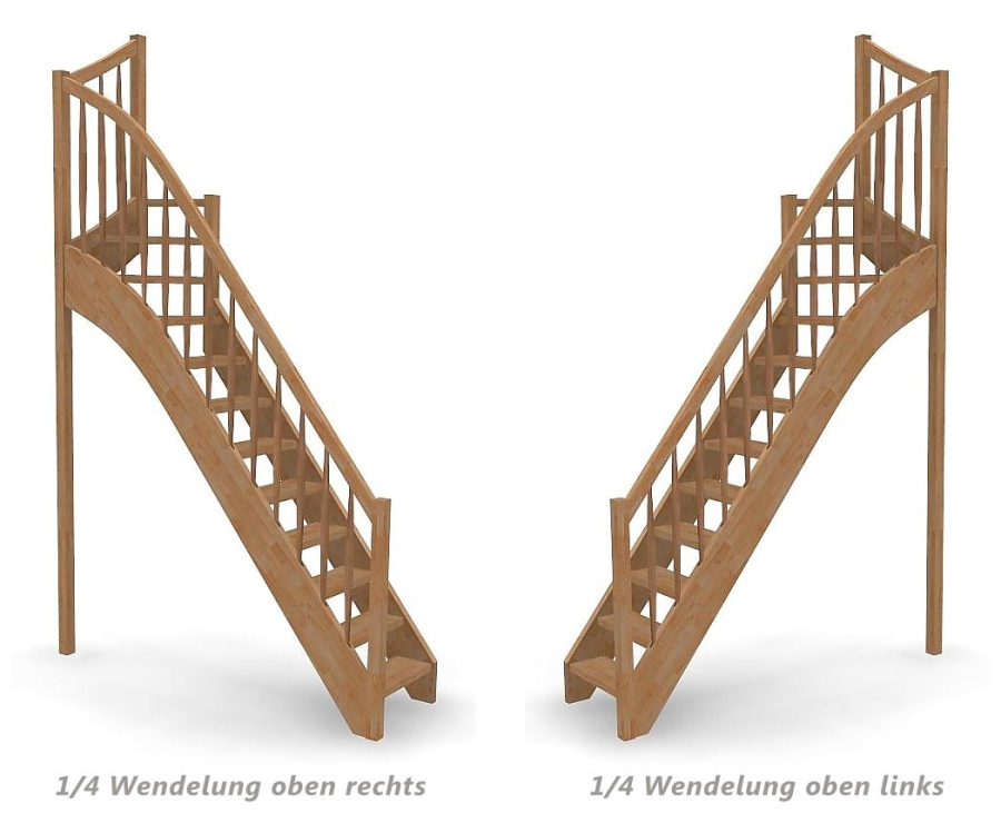 Raumspartreppe mit 1/4 Wendelung oben und Rechteckstab Sprossen Geländer außen ab Antritt bis Austritt - Treppenbreite 61 cm - Buche 40 mm - Angebot Nr. 6138692