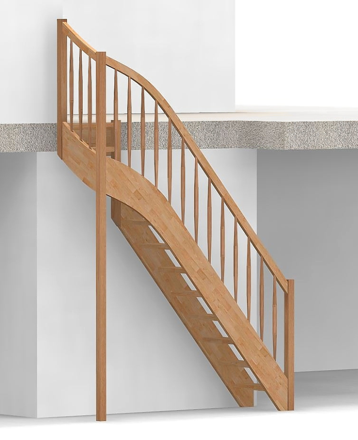 Raumspartreppe mit 1/4 Wendelung oben und Rechteckstab Sprossen Geländer außen ab Antritt bis Austritt - Treppenbreite 61 cm - Buche 40 mm - Angebot Nr. 6138692