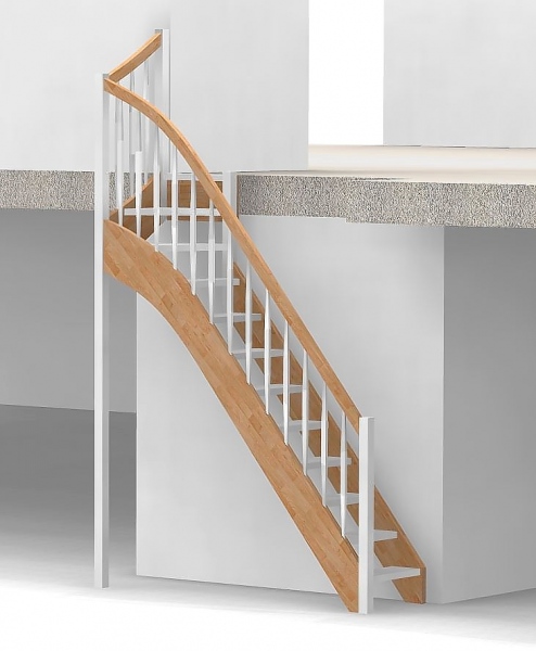 Raumspartreppe mit 1/4 Wendelung oben und Rechteckstab Sprossen Geländer außen ab Antritt bis Austritt - Treppenbreite 61 cm - Buche 40 mm - Angebot Nr. 6138692