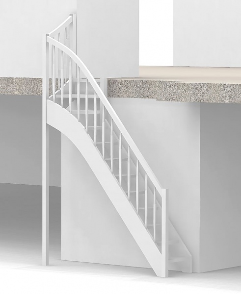 Raumspartreppe mit 1/4 Wendelung oben und Rechteckstab Sprossen Geländer außen ab Antritt bis Austritt - Treppenbreite 61 cm - Buche 40 mm - Angebot Nr. 6138692