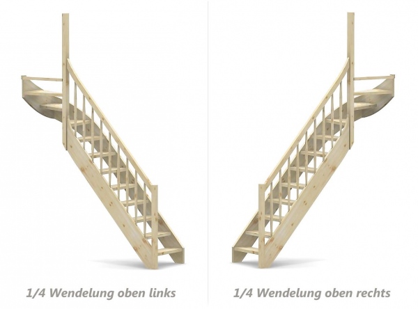Nebentreppe mit 1/4 Wendelung oben und Geländer - Rechteckstab Sprossen mit Holzhandlauf - Treppenbreite 75 cm - Fichte 40 mm - Angebot Nr. 6208602