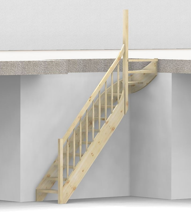 Nebentreppe mit 1/4 Wendelung oben und Geländer - Rechteckstab Sprossen mit Holzhandlauf - Treppenbreite 75 cm - Fichte 40 mm - Angebot Nr. 6208602