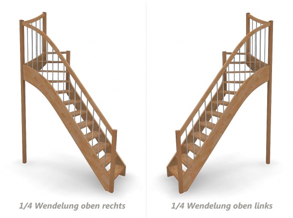 Nebentreppe mit 1/4 Wendelung oben und Edelstahl Sprossen  Geländer außen ab Antritt bis Austritt - Treppenbreite 75 cm - Buche 40 mm - Angebot Nr. 6238492
