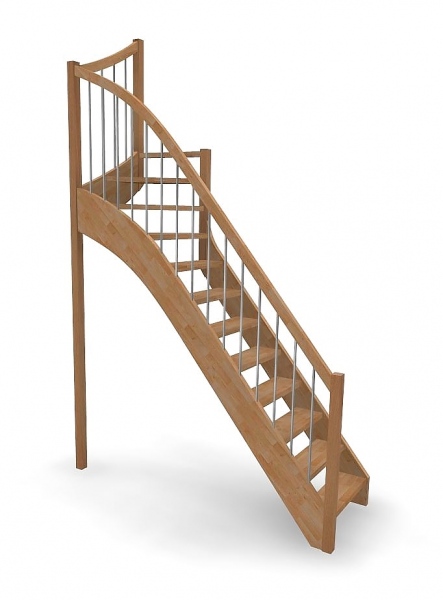 Nebentreppe mit 1/4 Wendelung oben und Edelstahl Sprossen  Geländer außen ab Antritt bis Austritt - Treppenbreite 75 cm - Buche 40 mm - Angebot Nr. 6238492