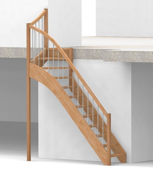 Nebentreppe mit 1/4 Wendelung oben und Edelstahl Sprossen  Geländer außen ab Antritt bis Austritt - Treppenbreite 75 cm - Buche 40 mm - Angebot Nr. 6238492