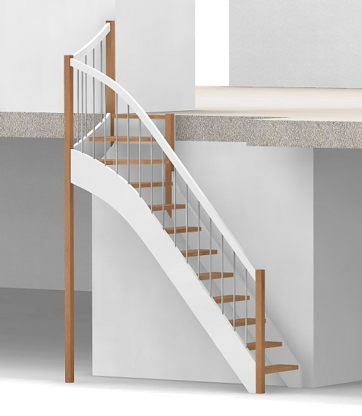 Nebentreppe mit 1/4 Wendelung oben und Edelstahl Sprossen  Geländer außen ab Antritt bis Austritt - Treppenbreite 75 cm - Buche 40 mm - Angebot Nr. 6238492