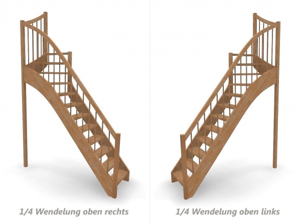 Nebentreppe mit 1/4 Wendelung oben und Rundstab Sprossen Geländer außen ab Antritt bis Austritt - Treppenbreite 75 cm - Buche 40 mm - Angebot Nr. 6238792