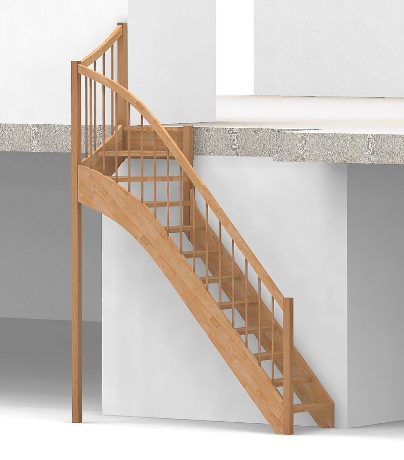 Nebentreppe mit 1/4 Wendelung oben und Rundstab Sprossen Geländer außen ab Antritt bis Austritt - Treppenbreite 75 cm - Buche 40 mm - Angebot Nr. 6238792