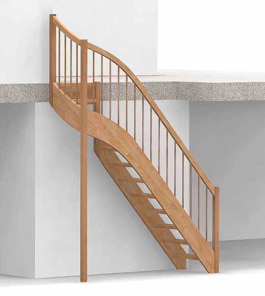 Nebentreppe mit 1/4 Wendelung oben und Rundstab Sprossen Geländer außen ab Antritt bis Austritt - Treppenbreite 75 cm - Buche 40 mm - Angebot Nr. 6238792