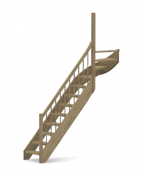Nebentreppe mit 1/4 Wendelung oben und Geländer - Rundstab Sprossen mit Holzhandlauf - Treppenbreite 75 cm - Eiche 40 mm - Angebot Nr. 6278702