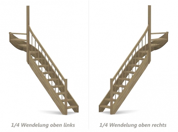 Nebentreppe mit 1/4 Wendelung oben und Geländer - Rundstab Sprossen mit Holzhandlauf - Treppenbreite 75 cm - Eiche 40 mm - Angebot Nr. 6278702