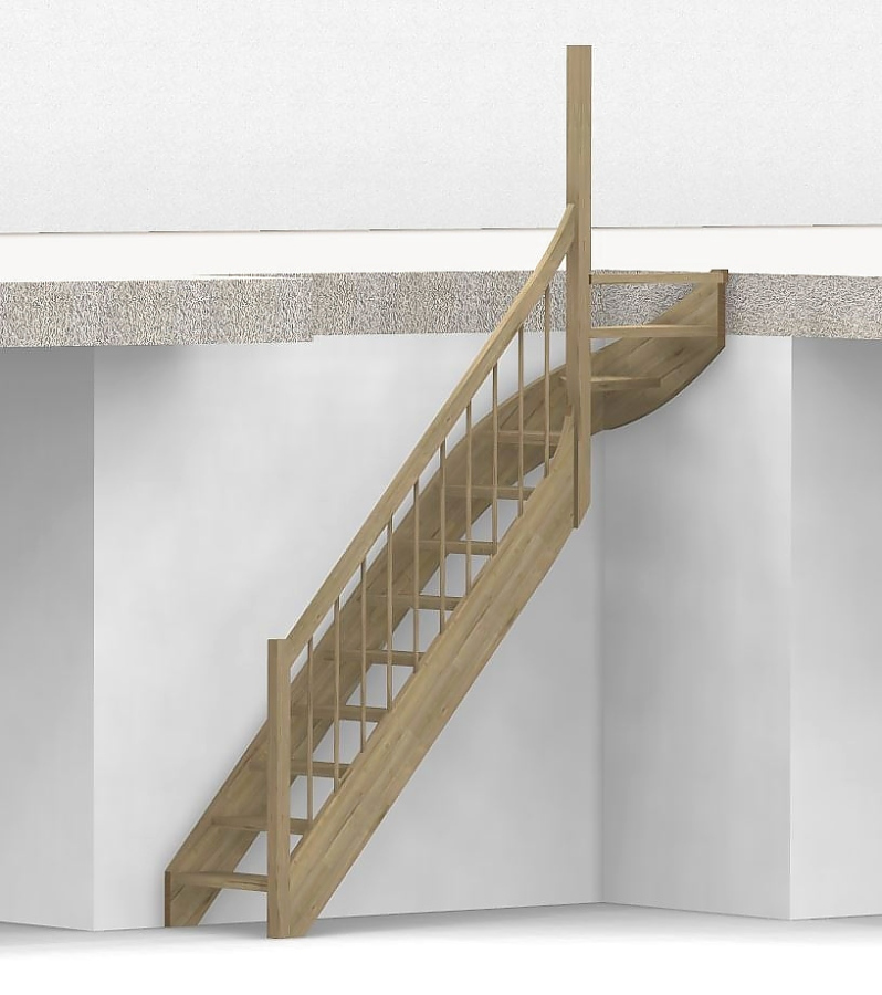 Nebentreppe mit 1/4 Wendelung oben und Geländer - Rundstab Sprossen mit Holzhandlauf - Treppenbreite 75 cm - Eiche 40 mm - Angebot Nr. 6278702