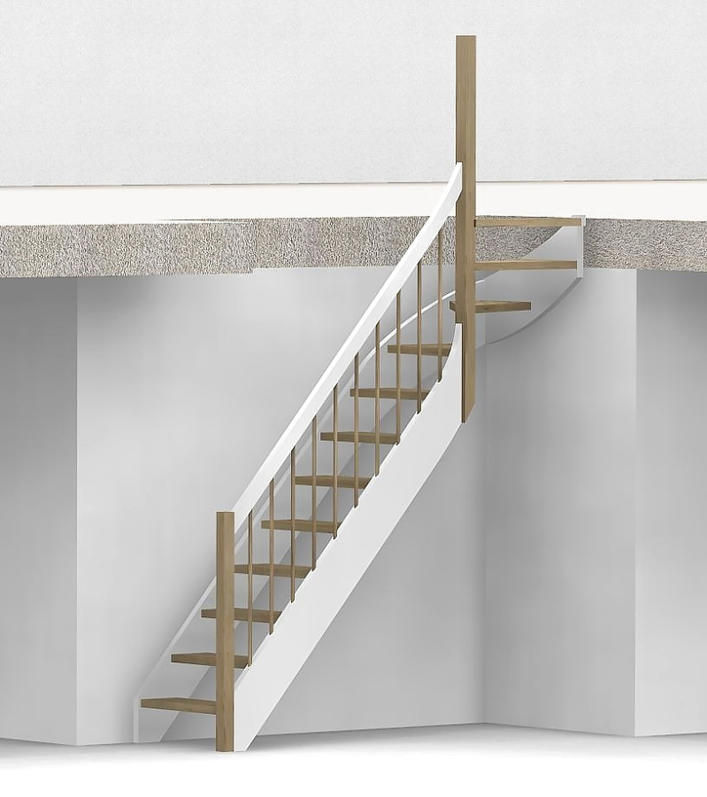 Nebentreppe mit 1/4 Wendelung oben und Geländer - Rundstab Sprossen mit Holzhandlauf - Treppenbreite 75 cm - Eiche 40 mm - Angebot Nr. 6278702