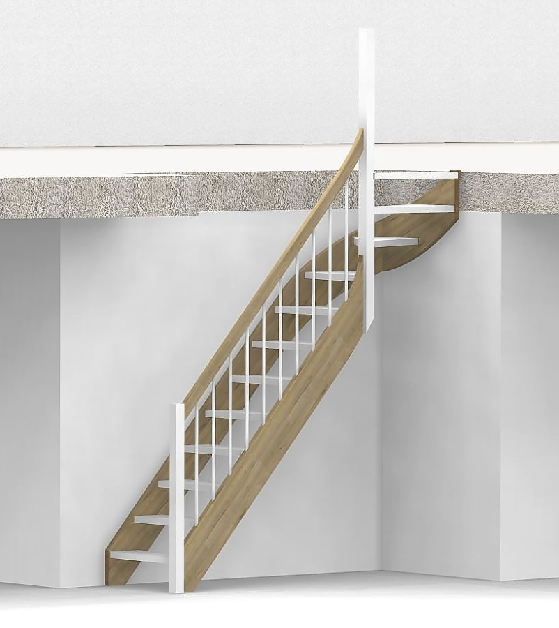 Nebentreppe mit 1/4 Wendelung oben und Geländer - Rundstab Sprossen mit Holzhandlauf - Treppenbreite 75 cm - Eiche 40 mm - Angebot Nr. 6278702