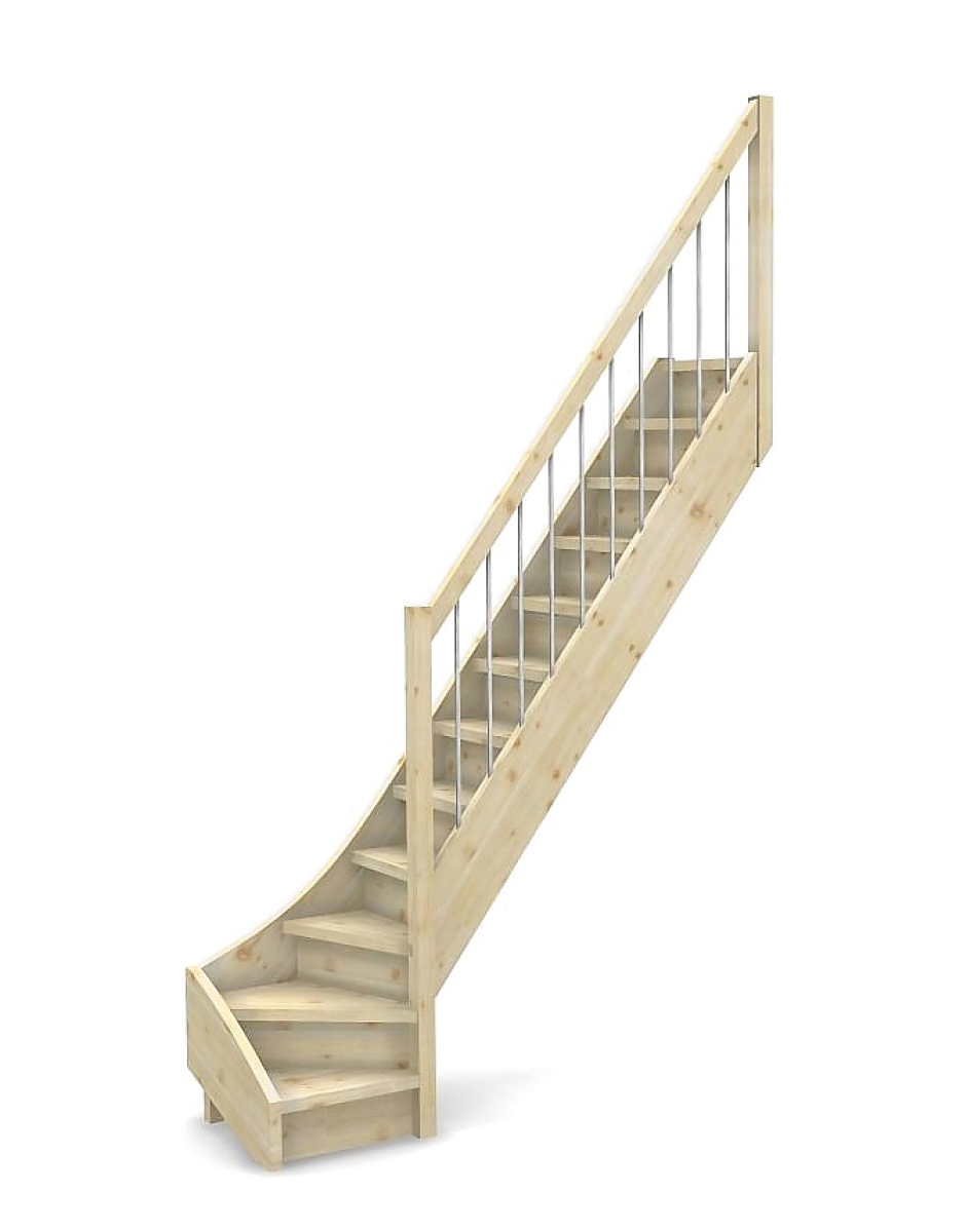 Raumspartreppe mit Setzstufen und 1/4 Wendelung unten - Geländer mit Alu Sprossen und Holzhandlauf - Treppenbreite 61 cm - Fichte 40 mm - Angebot Nr. 2108304