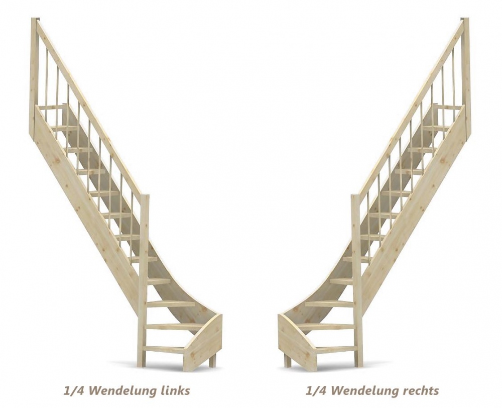 Raumspartreppe mit 1/4 Wendelung unten und Geländer - Rundstab Sprossen mit Holzhandlauf - Treppenbreite 61 cm - Fichte 40 mm - Angebot Nr. 2108702