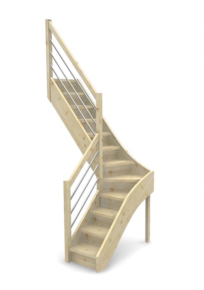 Raumspartreppe mit Setzstufen und 1/4 Wendelung ab Stufe 4 mit Pfostengeländer ab Antritt - 3 Alu Gurte mit Holzhandlauf - Edelstahl wählbar - Treppenbreite 61 cm - Fichte 40 mm - Angebot Nr. 51081104