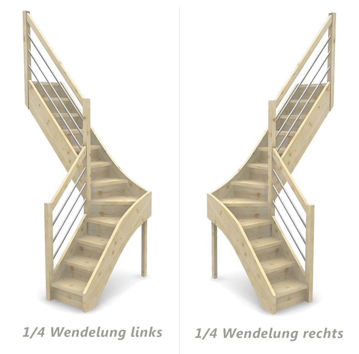 Raumspartreppe mit Setzstufen und 1/4 Wendelung ab Stufe 4 mit Pfostengeländer ab Antritt - 3 Alu Gurte mit Holzhandlauf - Edelstahl wählbar - Treppenbreite 61 cm - Fichte 40 mm - Angebot Nr. 51081104