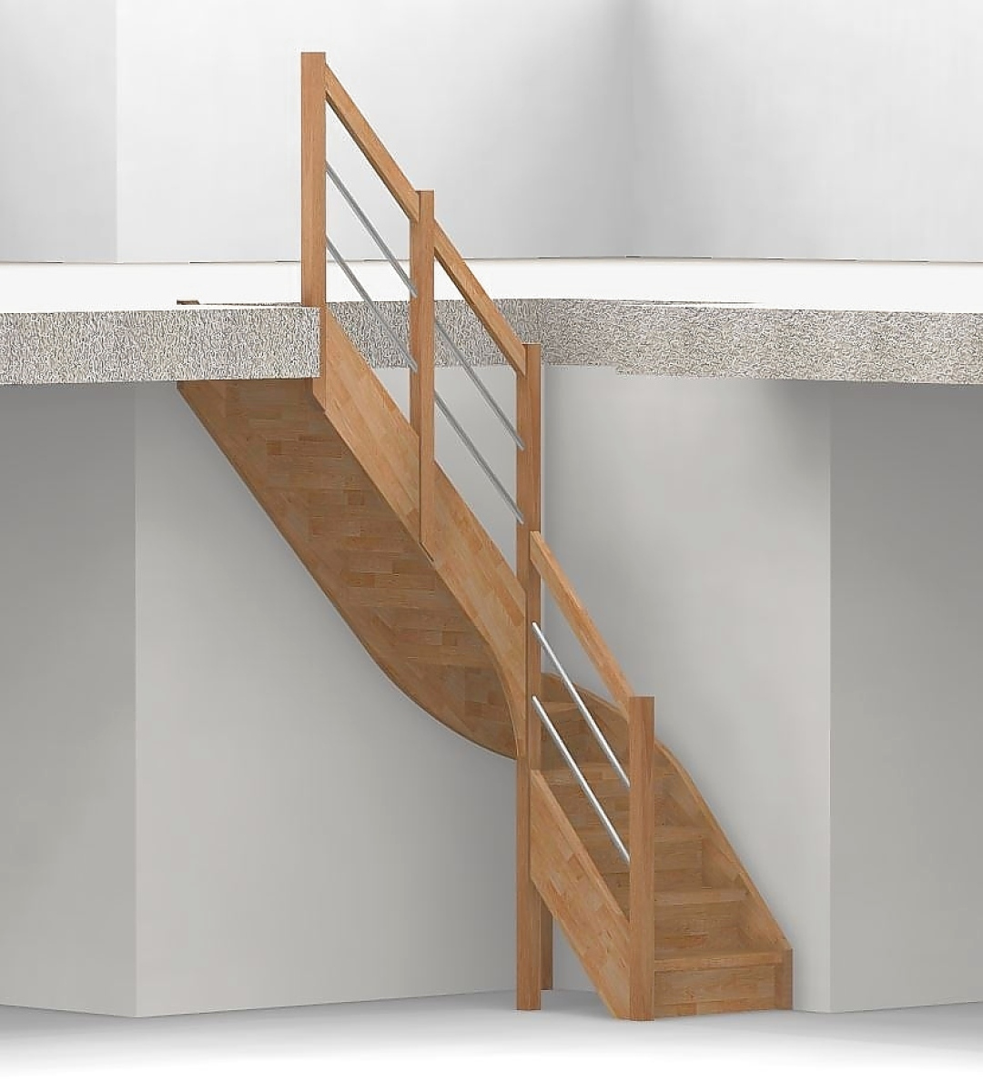 Nebentreppe mit Setzstufen und 1/4 Wendelung ab Stufe 4 mit Pfostengeländer ab Antritt - 2 Alu Gurte mit Holzhandlauf und Mittelpfosten - Edelstahl wählbar - Treppenbreite 75 cm - Buche 40 mm - Angebot Nr. 52381004