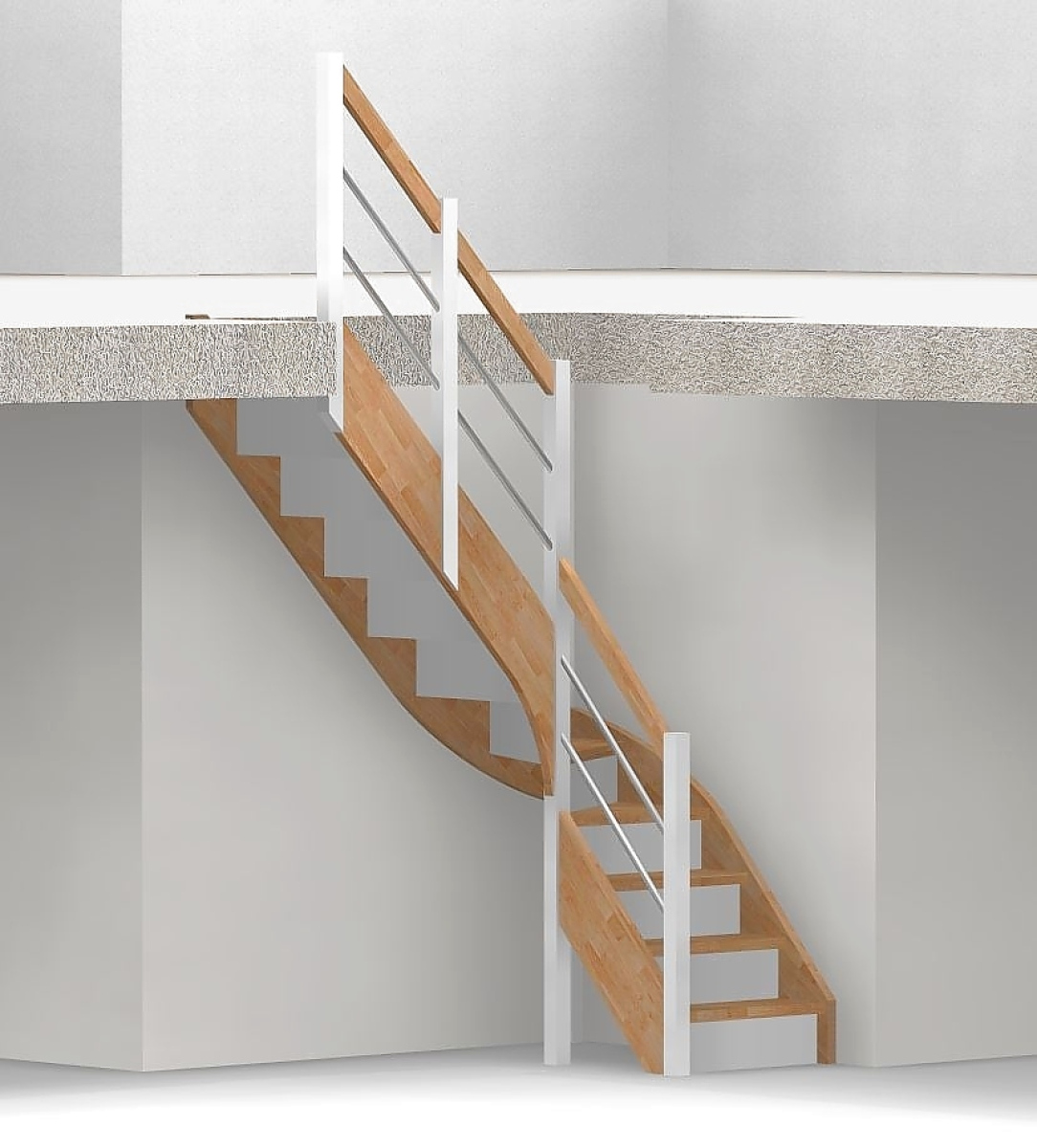 Nebentreppe mit Setzstufen und 1/4 Wendelung ab Stufe 4 mit Pfostengeländer ab Antritt - 2 Alu Gurte mit Holzhandlauf und Mittelpfosten - Edelstahl wählbar - Treppenbreite 75 cm - Buche 40 mm - Angebot Nr. 52381004