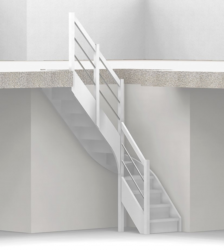 Nebentreppe mit Setzstufen und 1/4 Wendelung ab Stufe 4 mit Pfostengeländer ab Antritt - 2 Alu Gurte mit Holzhandlauf und Mittelpfosten - Edelstahl wählbar - Treppenbreite 75 cm - Buche 40 mm - Angebot Nr. 52381004