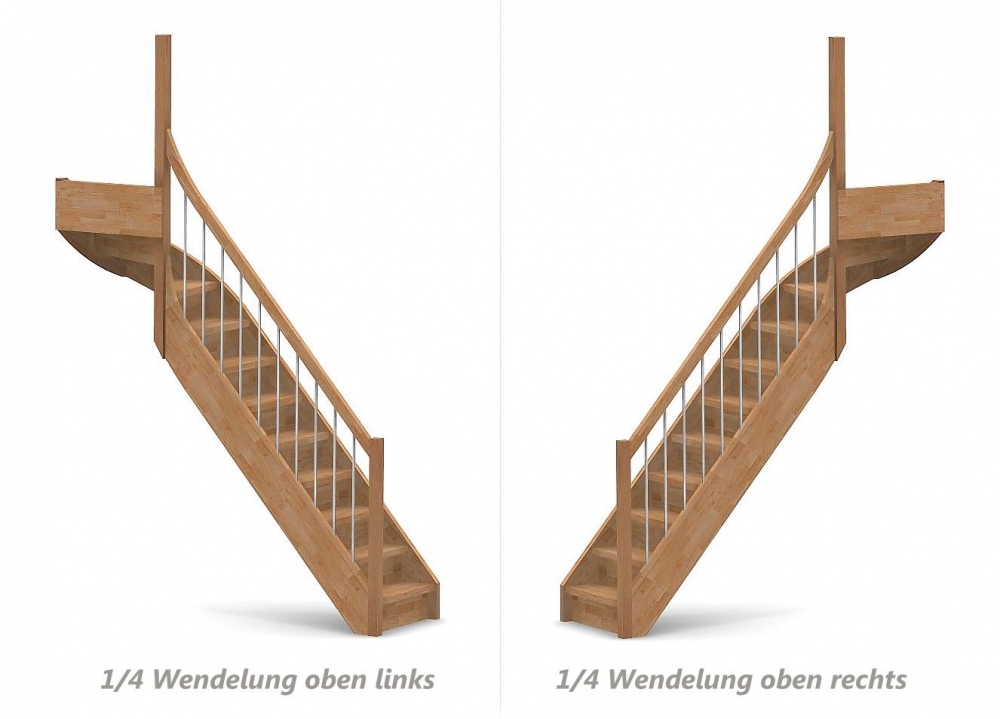 Nebentreppe mit Setzstufen und 1/4 Wendelung oben - Geländer mit Edelstahl Sprossen und Holzhandlauf - Treppenbreite 75 cm - Buche 40 mm - Angebot Nr. 6238404